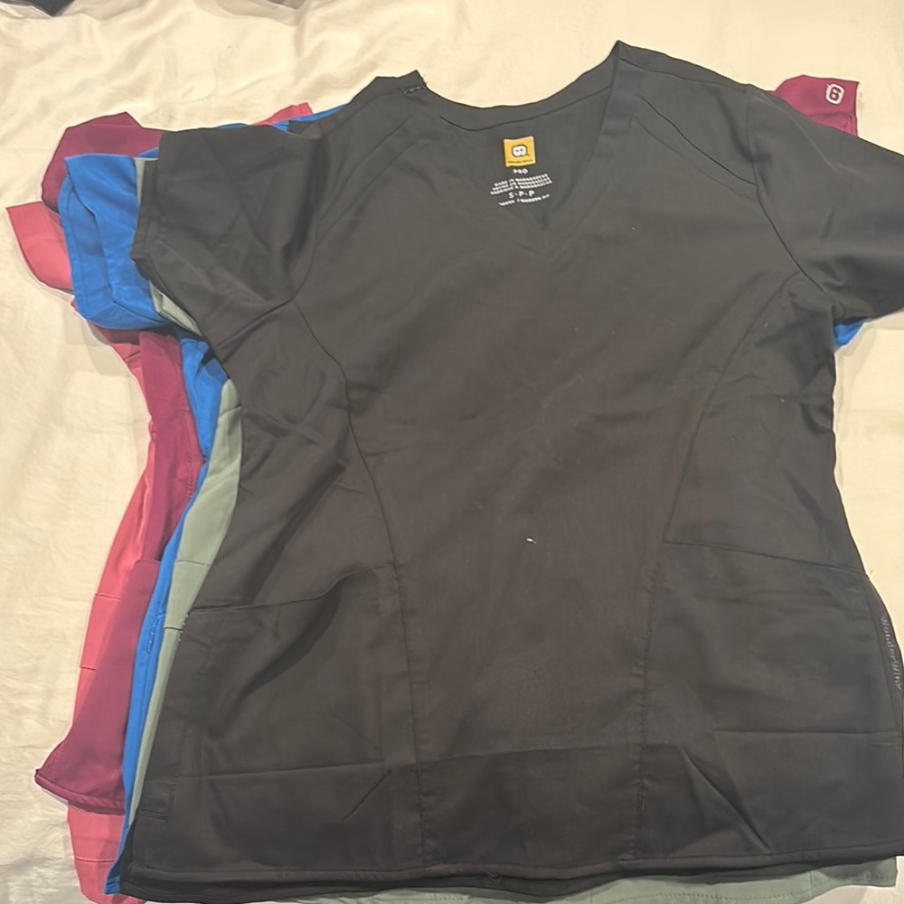 WonderWink scrub tops- black, blue, purple, pink and green